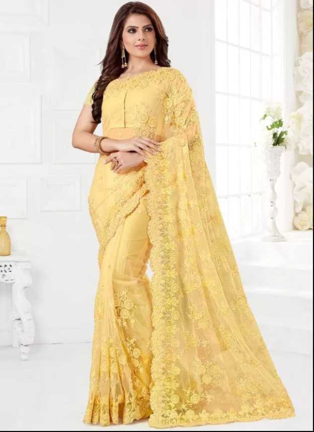 Buy Gymfy Self Design Embroidered Embellished Bollywood Net Beige Sarees Online Best Price In India Flipkart Com