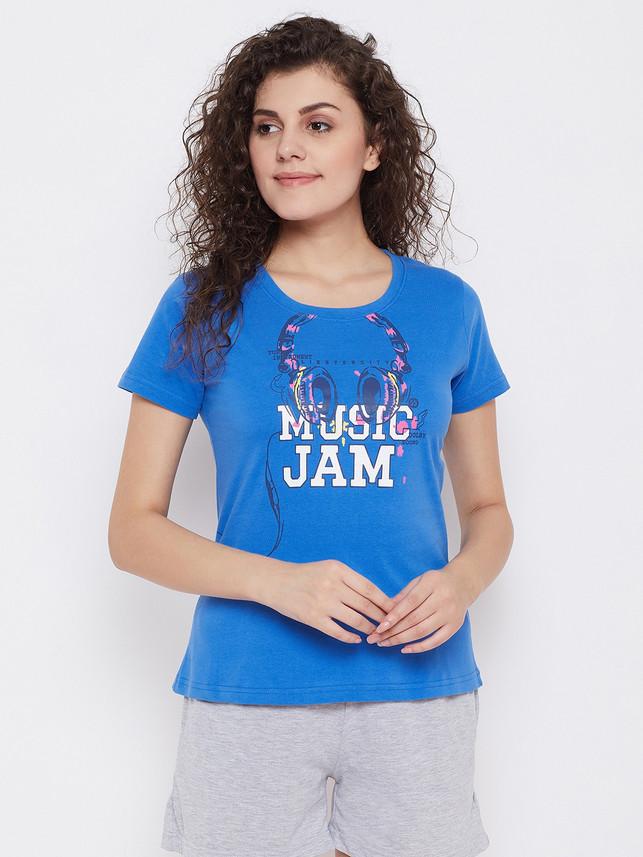 Clovia Printed Women Round Neck Blue T 