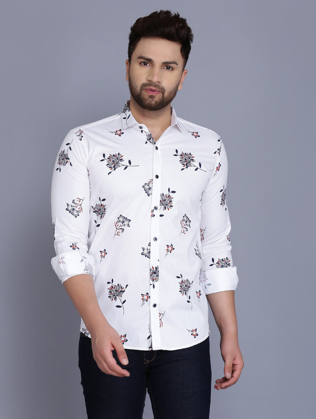 Men Floral Print Casual White Shirt 
