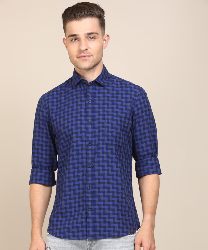 John Players Men Checkered Casual Blue 