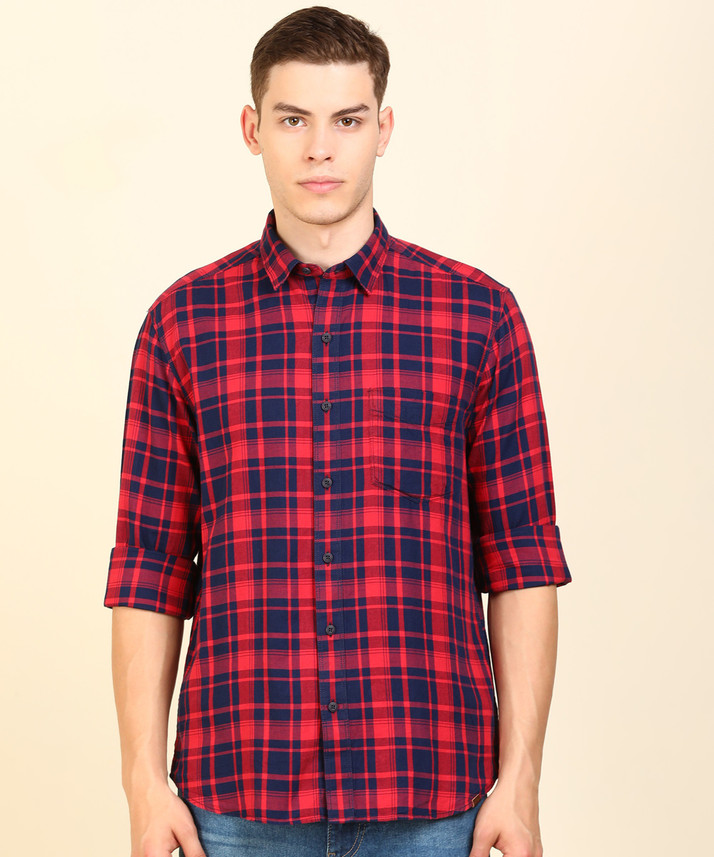 John Players Men Checkered Casual Red 