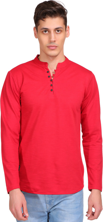 John Berg Solid Men Mandarin Collar Red 