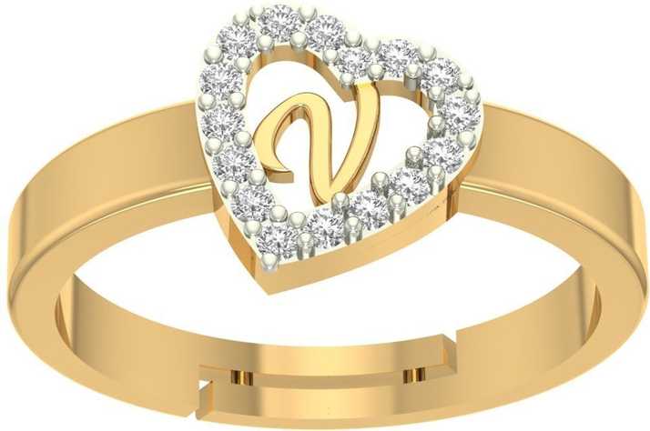 Kanak Jewels Heart Shaped Brass V Alphabet Rings Gold Adjustable Valentine Latest American Diamond Latest American Diamond Love Heart Initial Letter For Women Girls Girlfriend Men Boys Couples Lovers Brass Cubic Zirconia