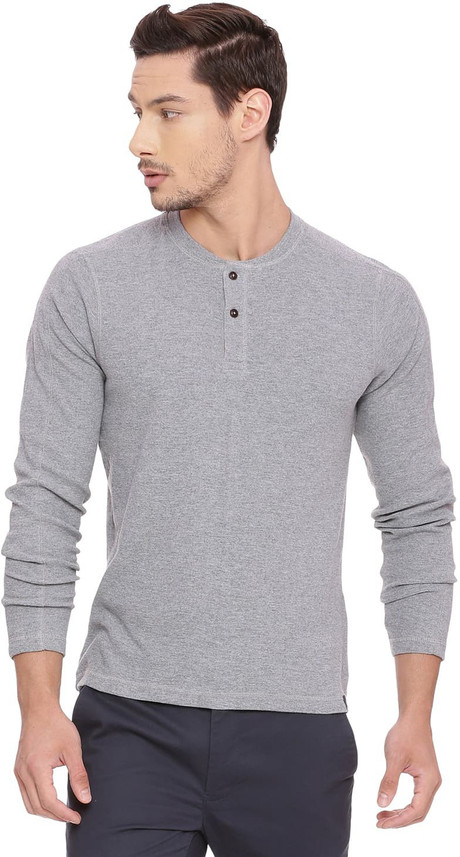 Basics Solid Men Henley Neck Grey T 