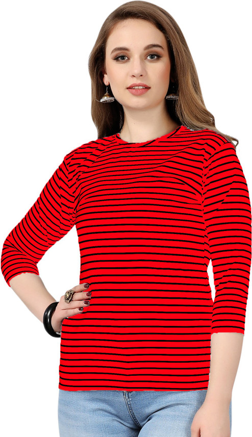 FEEL CLOSE Striped Women Round Neck Red 