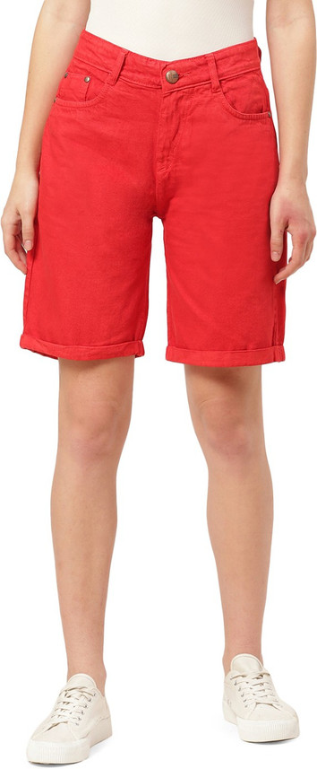 red distressed shorts