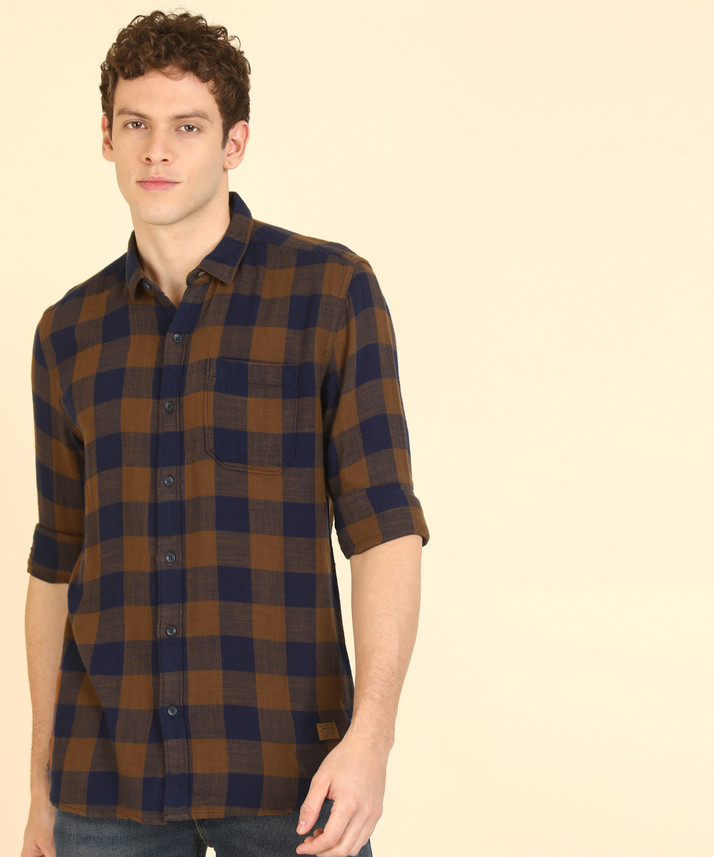 Wrangler Men Checkered Casual Brown 
