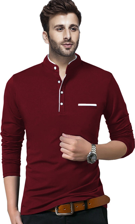 BLIVE Solid Men Henley Neck Maroon T 
