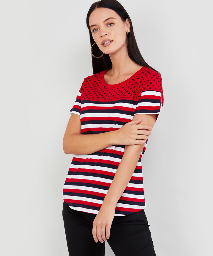 Buy MAX Striped Women Round Neck Red T 