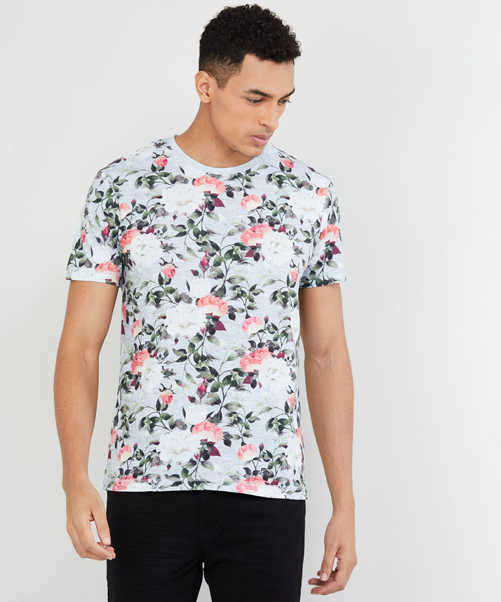 MAX Floral Print Men Round Neck Grey T 