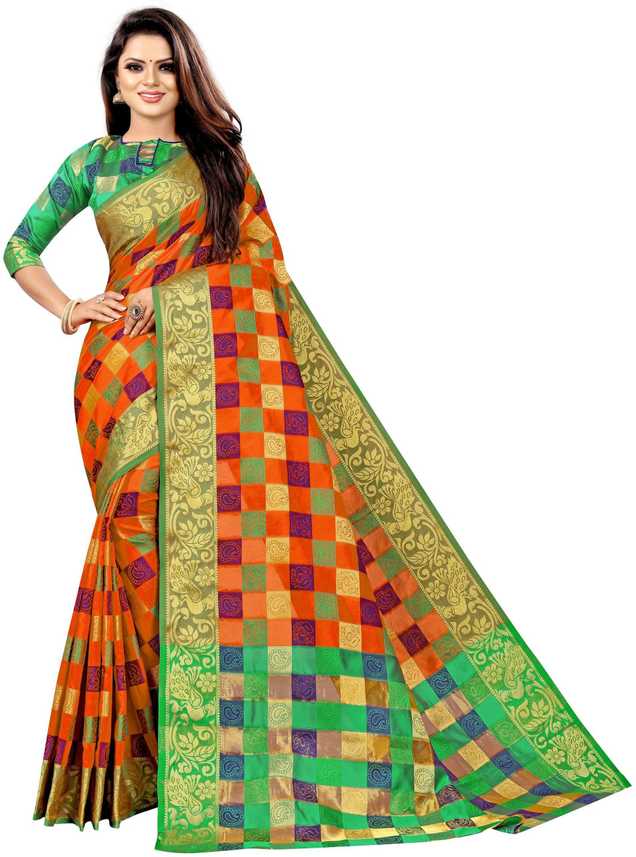 Buy Krooz Checkered Banarasi Cotton Silk Multicolor Sarees Online Best Price In India Flipkart Com