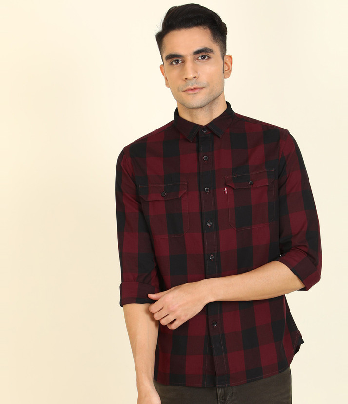 LEVI'S Men Checkered Casual Maroon 