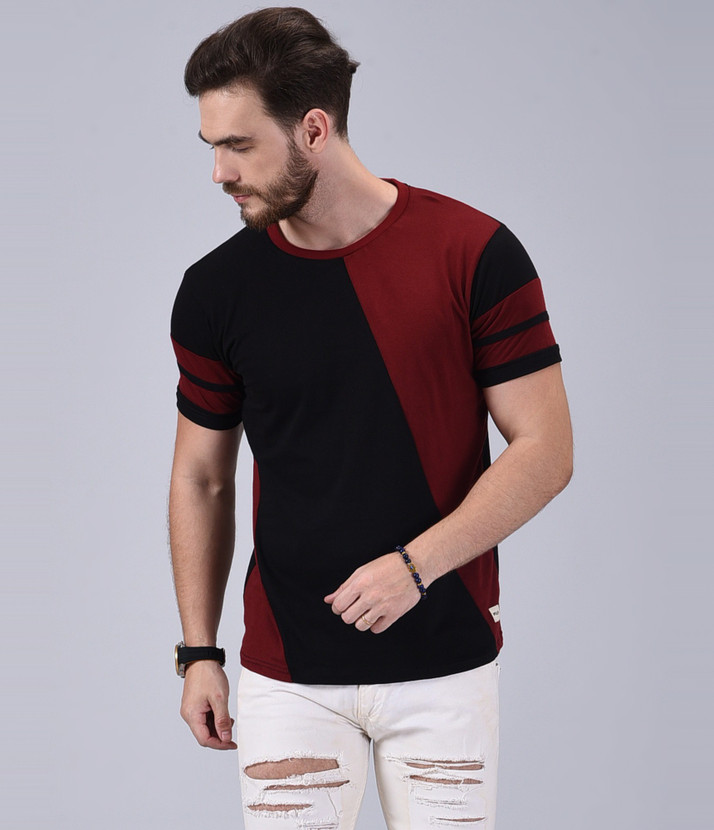 Wrath Color Block Men Round Neck Maroon 