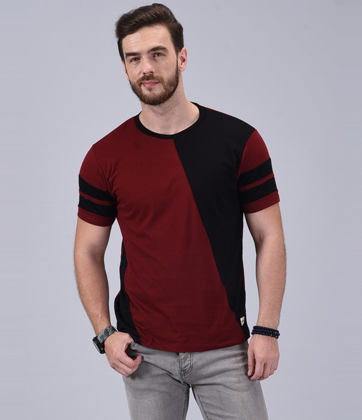 Wrath Color Block Men Round Neck Maroon 