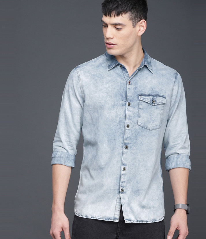 WROGN Men Washed Casual Blue Shirt 
