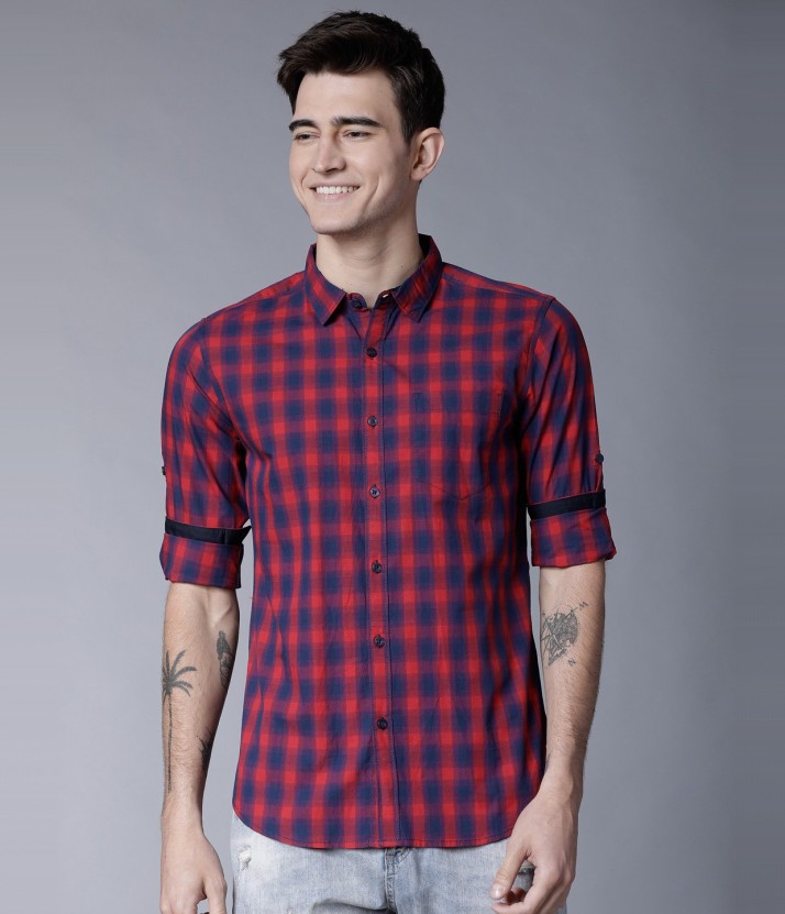 red and navy check shirt