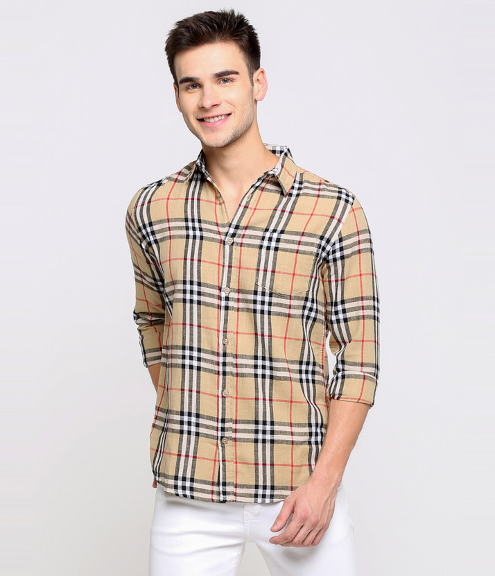 MANIAC Men Checkered Casual Beige Shirt 