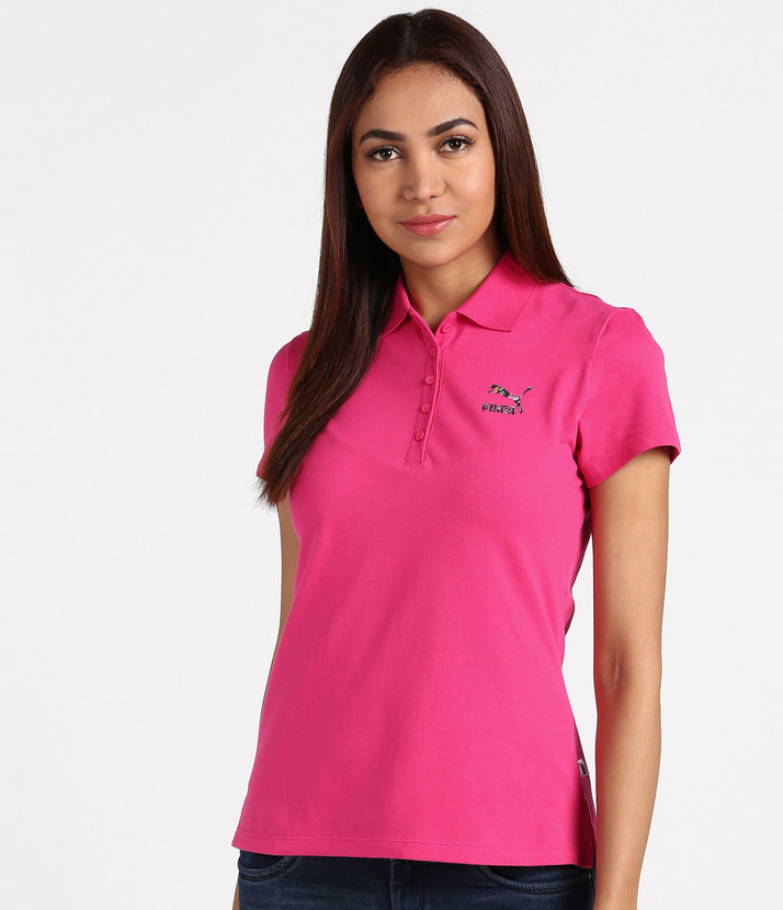 PUMA Solid Women Polo Neck Pink T-Shirt 