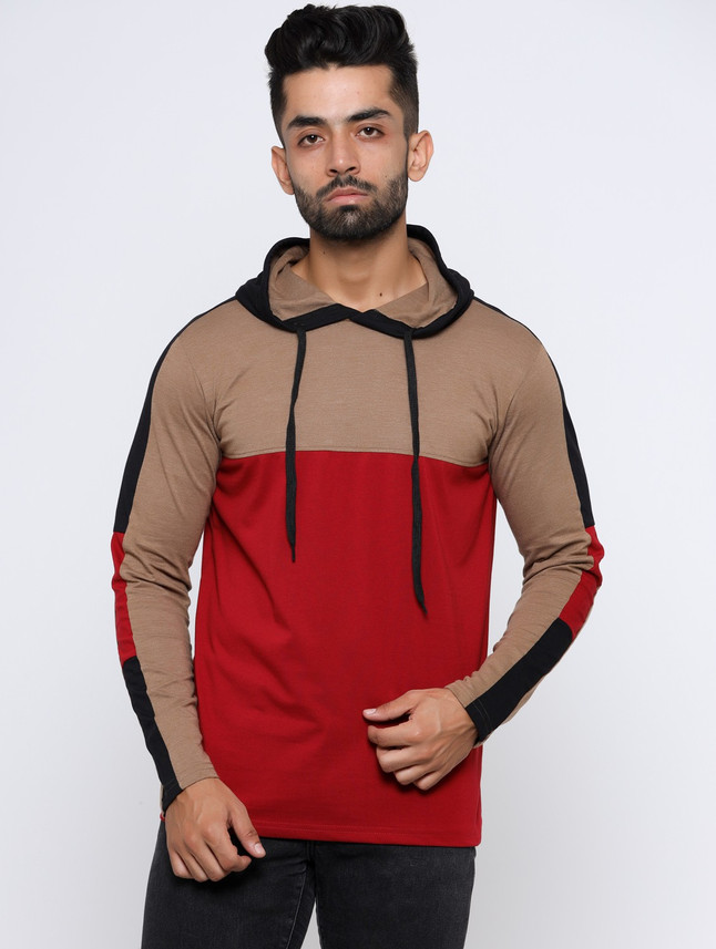 Color Block Men Hooded Neck Brown 