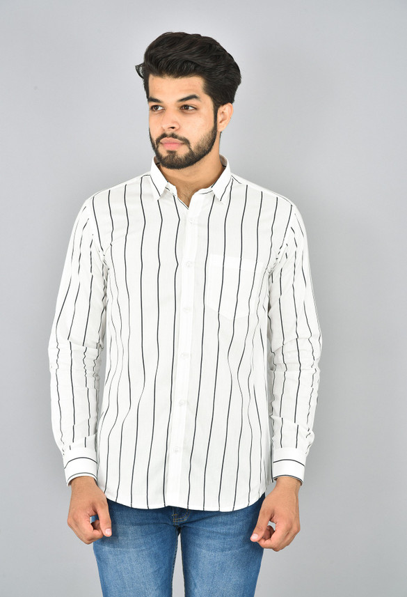 Golden Stripes Men Striped Casual White 