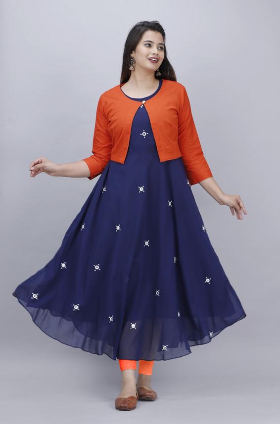 Nandini Women A-line Blue, Orange Dress 
