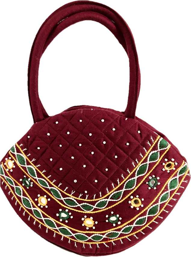 SriShopify Multicolor Hand-held Bag Women Handbag Banjara Traditional Pot Bag Hand Purse Cotton handmade (Small , Mirror Beads and Thread Work Handcraft Pouch, Maroon and Green) Maroon, Green - Price in India |