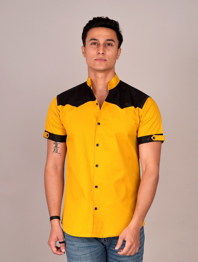 Men Self Design Casual Yellow Shirt 