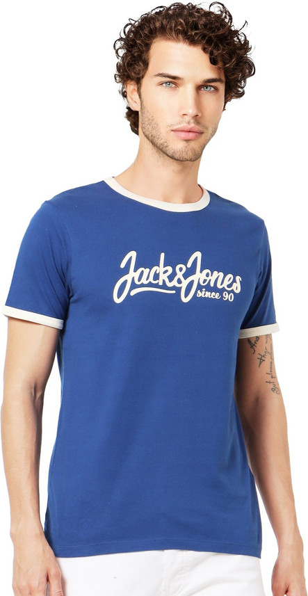 \u0026 JONES Printed Men Round Neck Blue 