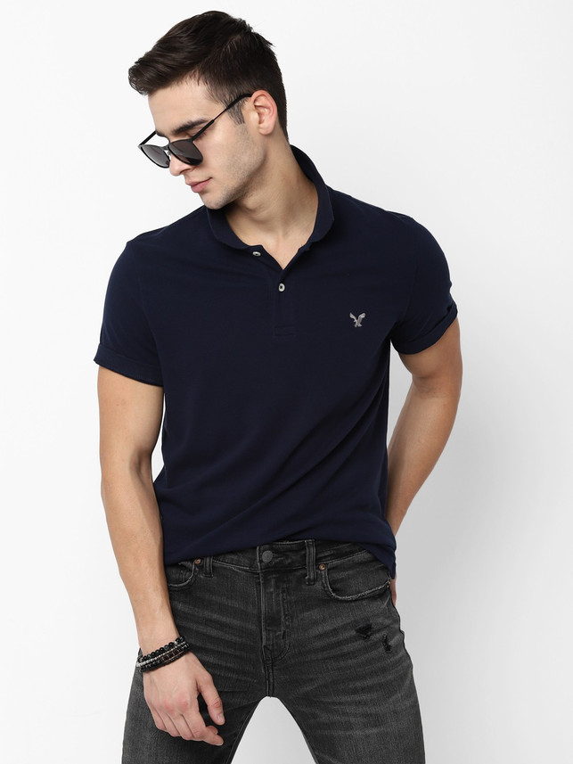 Solid Men Polo Neck Dark Blue T-Shirt 