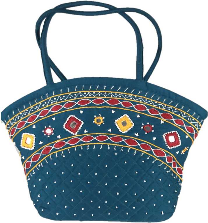 SriShopify Multicolor Shoulder Bag Women's Handbag Banjara Traditional Basket Bag Tote Bag Cotton handmade (Medium size, Mirror Beads and Thread Work Handcraft, Rama Green) Rama Green, Red - Price in India |