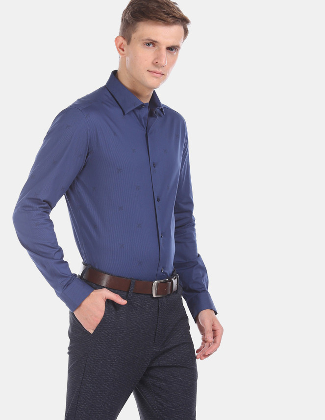 ARROW Men Self Design Formal Blue Shirt 