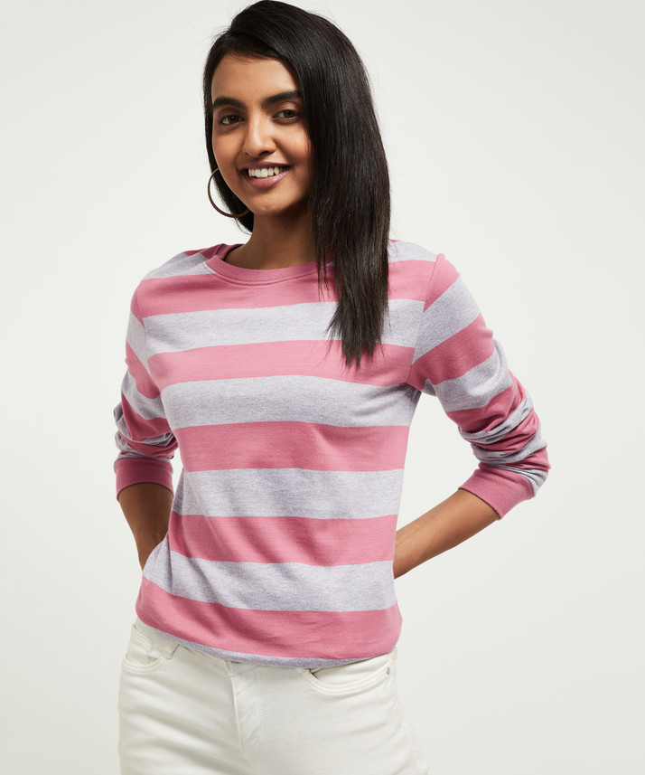 Buy MAX Striped Women Round Neck Pink 