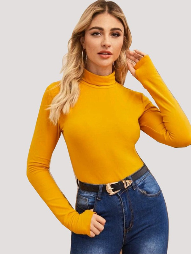The Bebo Solid Women Turtle Neck Yellow 