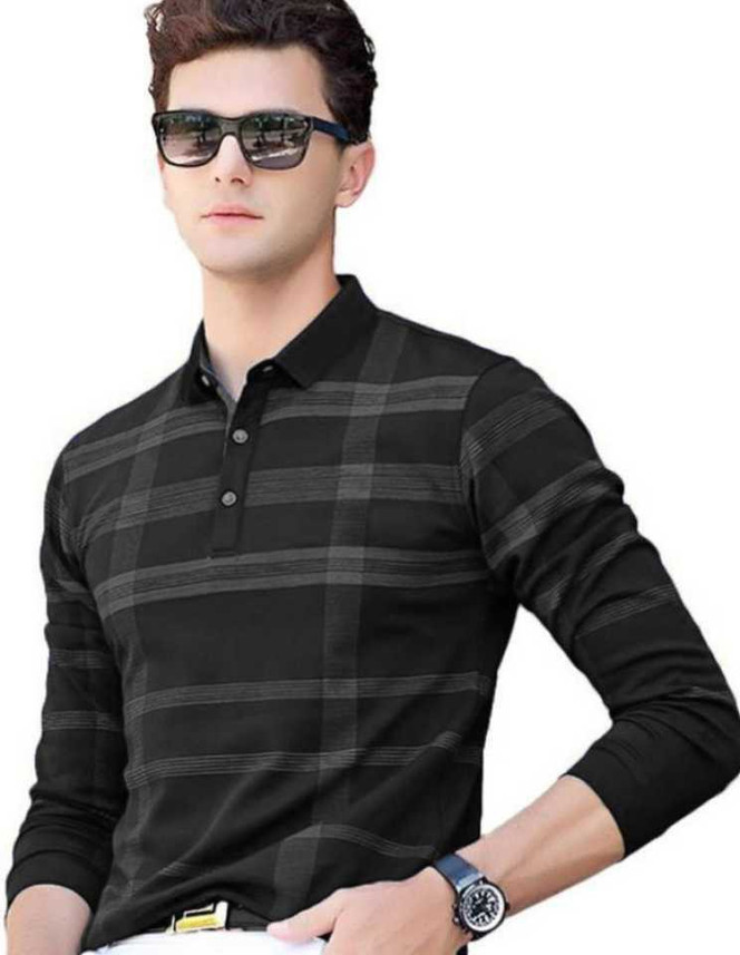 BHISHMA Striped Men Collared Neck Black 
