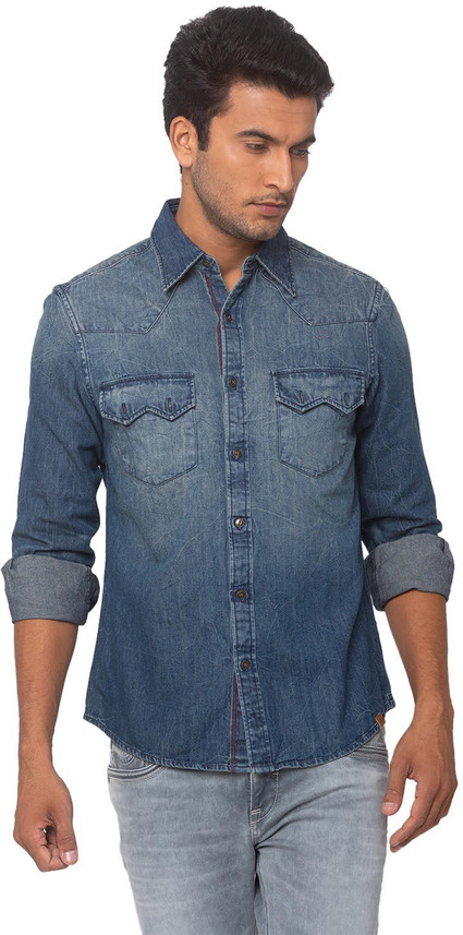 Spykar Men Washed Casual Blue Shirt 