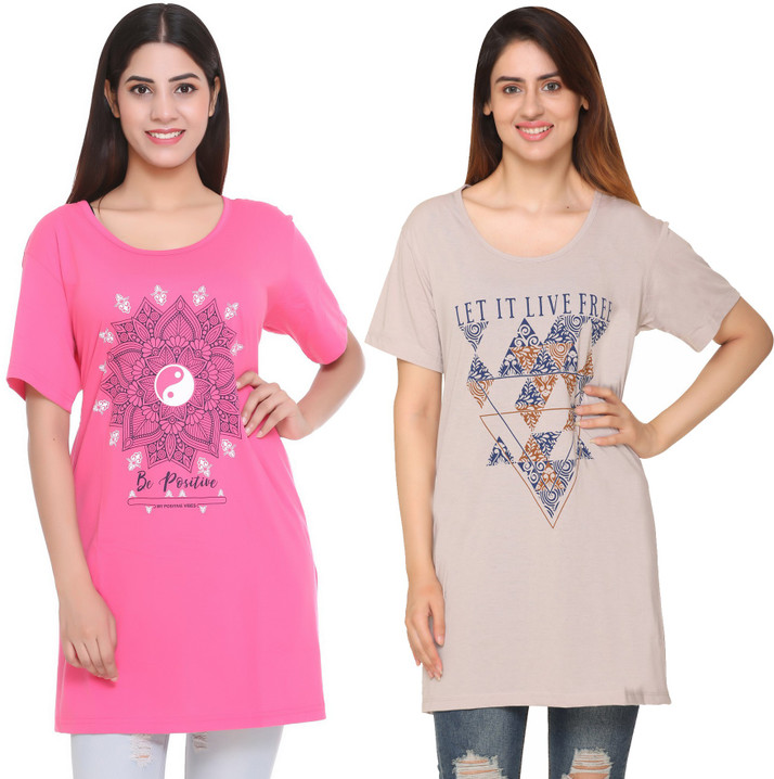 Women Round Neck Pink, Beige T-Shirt 