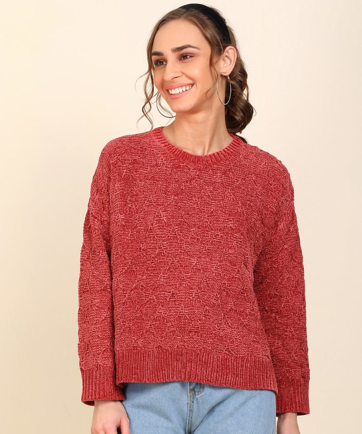 Crew Neck Casual Women Red Sweater 