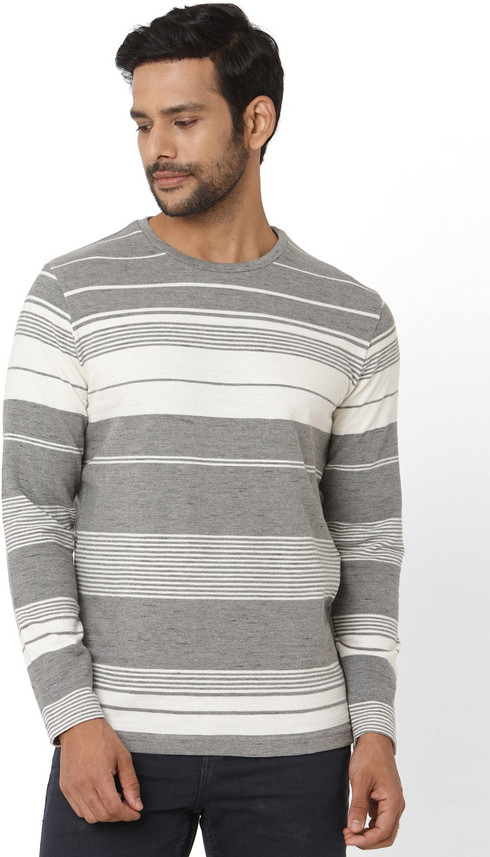 MUFTI Striped Men Round Neck Grey T 