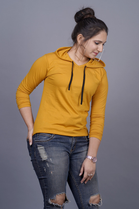 Ragoho Solid Women Hooded Neck Yellow T 