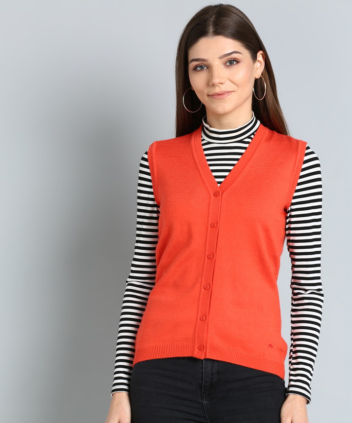 V Neck Casual Women Orange Sweater 