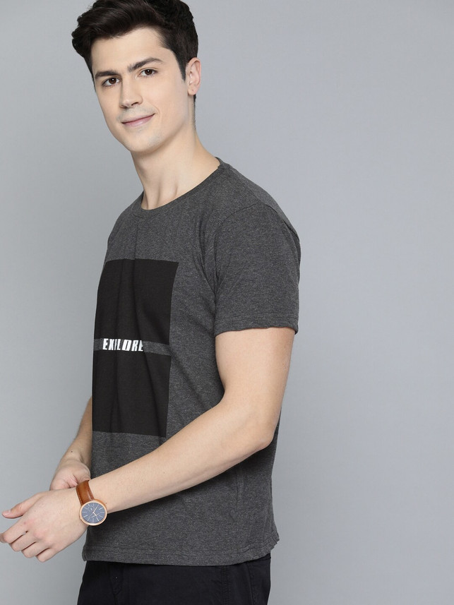 HERE\u0026NOW Printed Men Round Neck Grey T 