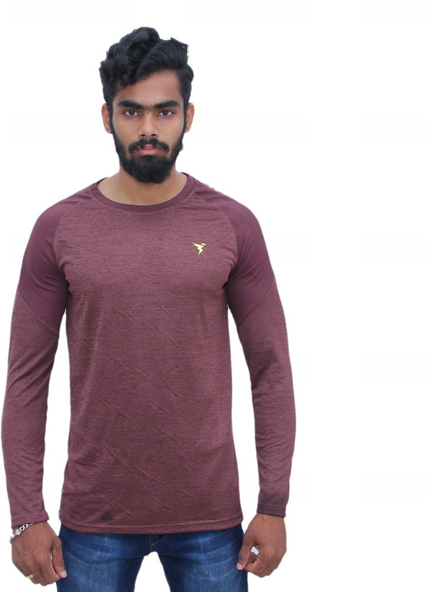 TECHNOSPORT Solid Men Round Neck Maroon 