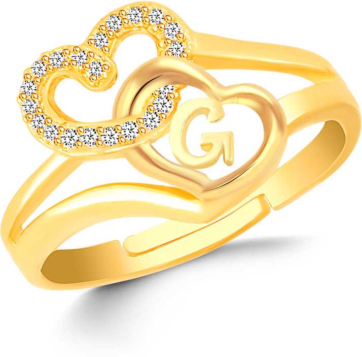 Vshine Fashion Jewellery Adjustable Stylish Valentine Love Initial Alphabet Letter G Diamond Studded Heart Propose Day Ring Fancy Party Wear American Diamond Free Size Gold Yellow Plated Fashion Jewellery For Women Girls