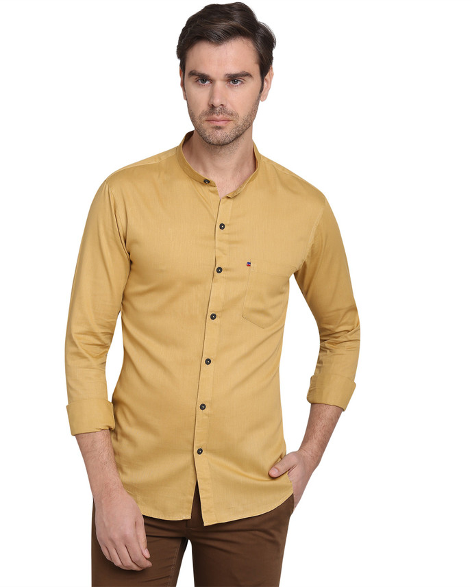 Men Solid Casual Yellow Shirt 