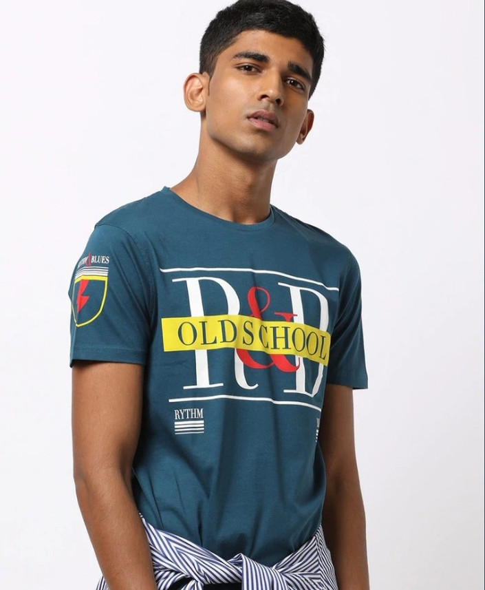 Buy dnmx Printed Men Round Neck Blue T 