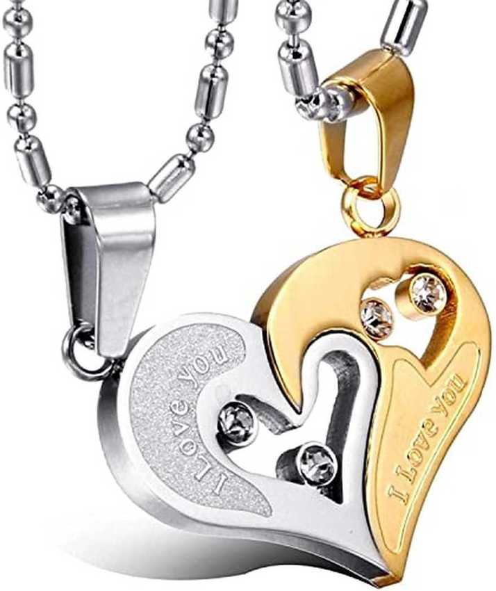 Meenaz Fashion Jewellery Couple Lovers Valentine Gift Special American Diamond Broken Heart Shape Design Simple Chain Stylish Fancy Party Wear Name Love Pendant Locket Necklace Chain Jewellery For Girls Women Couples Men