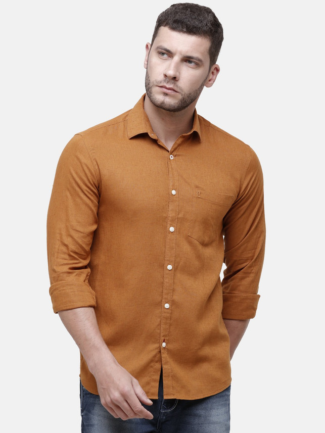 LINEN CLUB Men Solid Casual Brown Shirt 