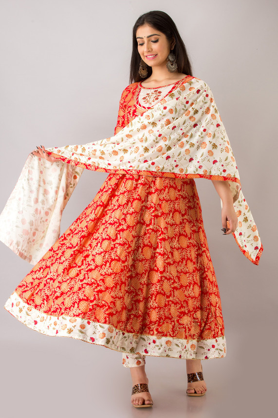 flamingo blue Floral Print Anarkali 