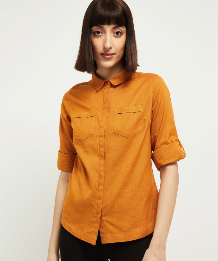 Women's Casual Wear Rolled Up Sleeve Orange Solid Cotton Shirt For Ladies S-7XLL