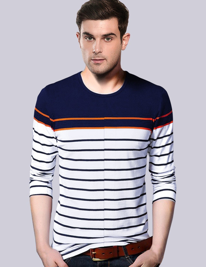 Eyebogler Striped Men Round Neck White 